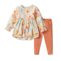 Tunic and leggings set with long sleeves, allover fruit/flower print, coral leggings