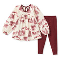 Christmas tunic and pants set, cream with red print and maroon pants