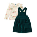 Kids' cream floral long-sleeve top and dark teal velvet pinafore dress set