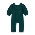 Dotted rib knit jumpsuit in deep green, long sleeves, elastic cuffs, footed legs
