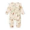 Girls cream long-sleeve birds floral jumpsuit with button front and ruffled shoulders