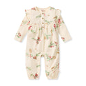 Girls cream long-sleeve birds floral jumpsuit with button front and ruffled shoulders