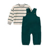 Baby jumpsuit set: striped shirt with dark green overalls, front pockets