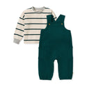 Baby jumpsuit set: striped shirt with dark green overalls, front pockets