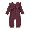 Girls thermal jumpsuit in burgundy with ruffled shoulders, long sleeves, button front