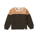 Thermal color-block long-sleeve tee, tan upper and dark brown lower, crew neck