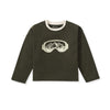 Dark green long-sleeve crewneck tee with white goggles and mountain graphic