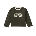 Dark green long-sleeve crewneck tee with white goggles and mountain graphic