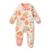 Organic cotton footed sleep and play with allover pumpkin and flower print, snap front