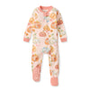 Organic cotton footed sleeper with pumpkin and plaid motif, pink snap cuffs