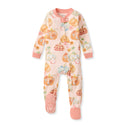 Organic cotton footed sleeper with pumpkin and plaid motif, pink snap cuffs