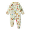 Organic cotton footed sleep & play suit, light cream with colorful woodland scenes