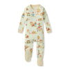 Organic cotton footed sleeper in light cream with colorful orchard animal pattern