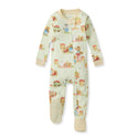 Organic cotton footed sleeper in light cream with colorful orchard animal pattern