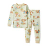 On The Orchard organic cotton two-piece pajama set, cream with colorful character print