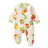 White footed baby sleep & play with colorful apple print, front snap placket, long sleeves