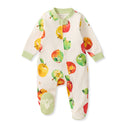 White footed baby sleep & play with colorful apple print, front snap placket, long sleeves