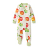 White footed sleeper with apple and pear print, snap front and covered foot cuffs