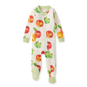 White footed sleeper with apple and pear print, snap front and covered foot cuffs