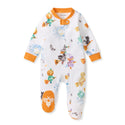 Organic cotton footed sleep & play with Halloween print, snap front and orange trim.