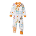 White organic cotton footed sleeper with orange snap collar and Halloween animal prints