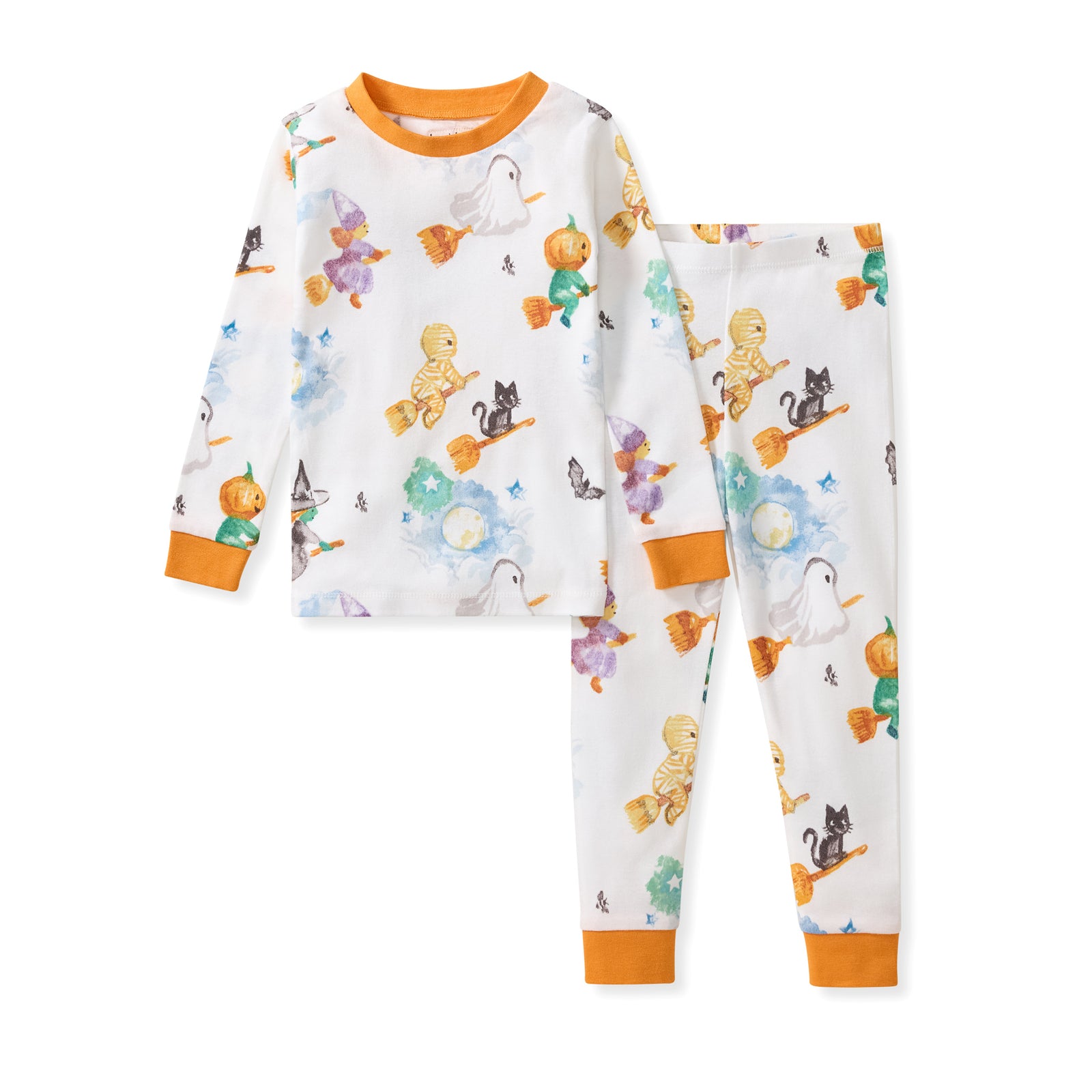 White two-piece organic cotton pajama set with orange cuffs and Halloween animal pattern