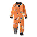 Orange zip-front footed sleeper with black cuffs, dog-and-pumpkin character print