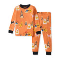 Orange long-sleeve top and matching pajama pants with dog and animal costume prints.