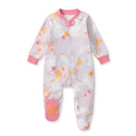 Groovy Ghouls organic cotton footed sleep & play, white with orange floral print, pink trim