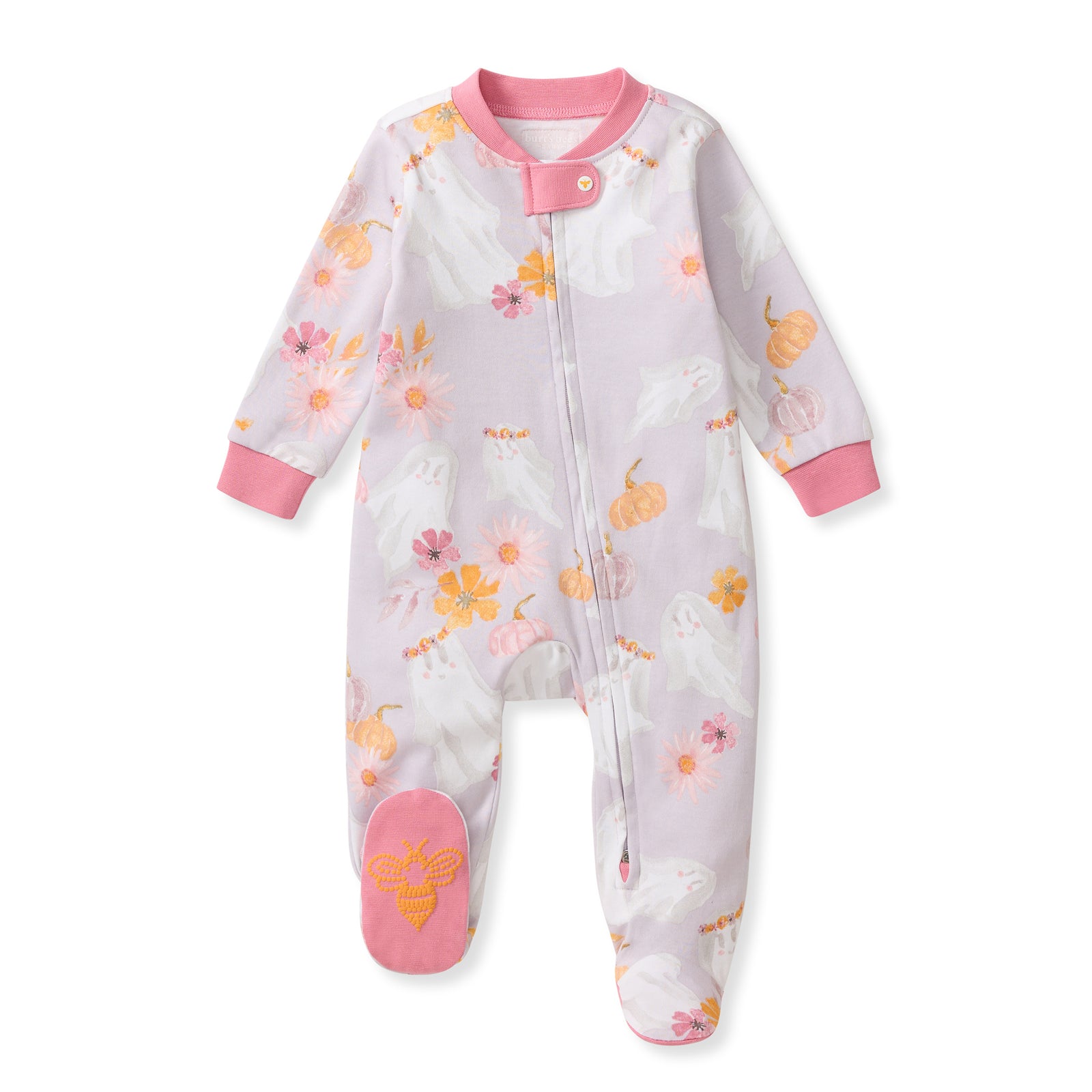 Groovy Ghouls organic cotton footed sleep & play, white with orange floral print, pink trim