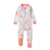 Light purple footed sleeper with front snap placket, floral critter print, pink cuffs