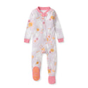 Light purple footed sleeper with front snap placket, floral critter print, pink cuffs