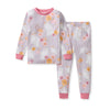 Kids long-sleeve pajama set with lavender ghost and pumpkin print, pink cuffs and waistband