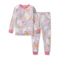 Kids long-sleeve pajama set with lavender ghost and pumpkin print, pink cuffs and waistband