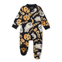 Dark baby romper with Halloween Boo characters, ghosts, and dog faces; long sleeves
