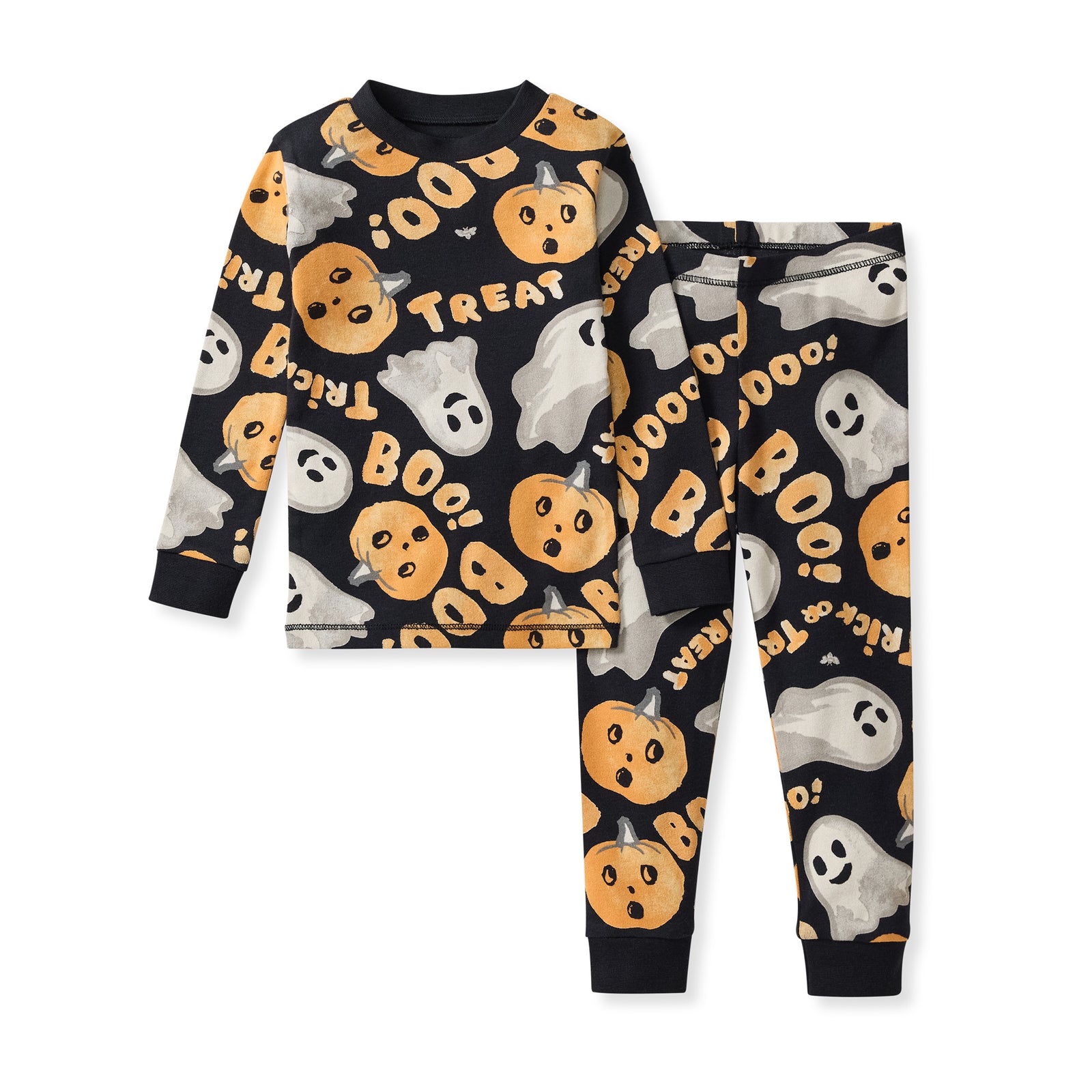 Kids' matching long-sleeve pajama top and pants set in dark navy with Boo character print