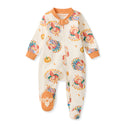 Organic cotton footed sleep and play, cream with turkey-and-pumpkin prints and orange cuffs