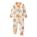 Organic cotton footed sleeper, cream turkey pattern with orange-trim neckline