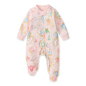Light pink footed pajama with zipper front, long sleeves, and colorful cookie print