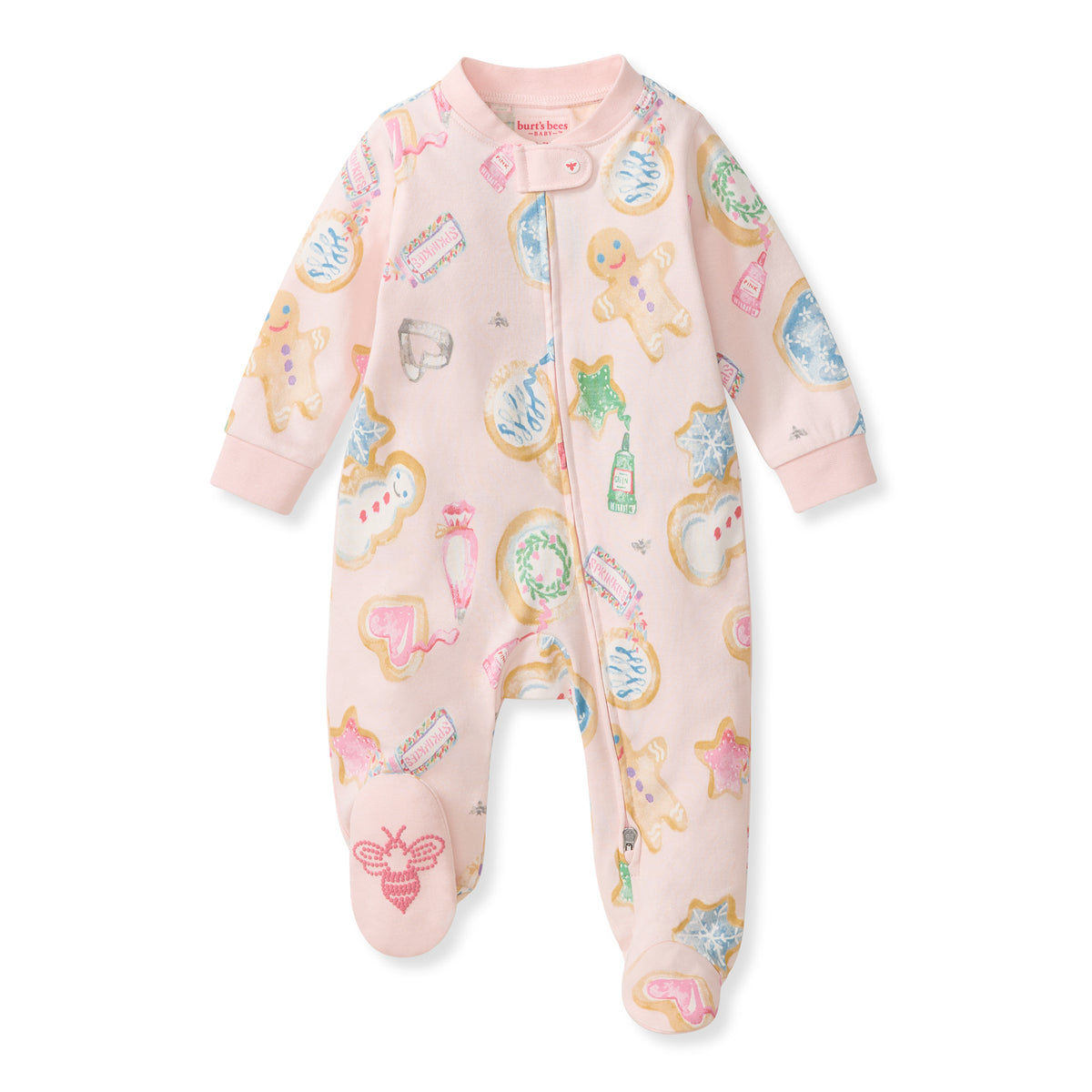 Light pink footed pajama with zipper front, long sleeves, and colorful cookie print