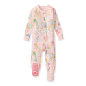 Pink footed sleeper with long sleeves and front snap placket, cookie party print