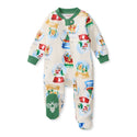 Organic cotton footed pajama with allover snowglobe print, green neckline and cuffs