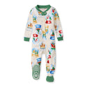 Footed cotton sleeper with colorful snowglobe pattern, henley-style green neckline, green cuffs