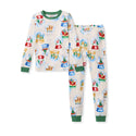 Kids pajama set: off-white long-sleeve top and pants with snow globe prints, green cuffs