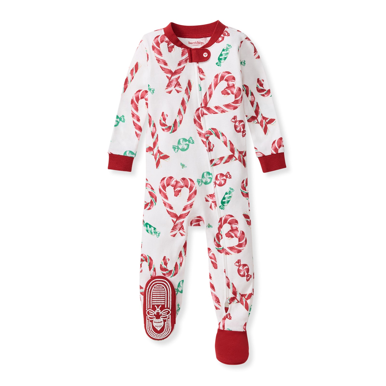 Organic cotton footed sleeper with candy-cane and heart pattern, red snap front - View 1