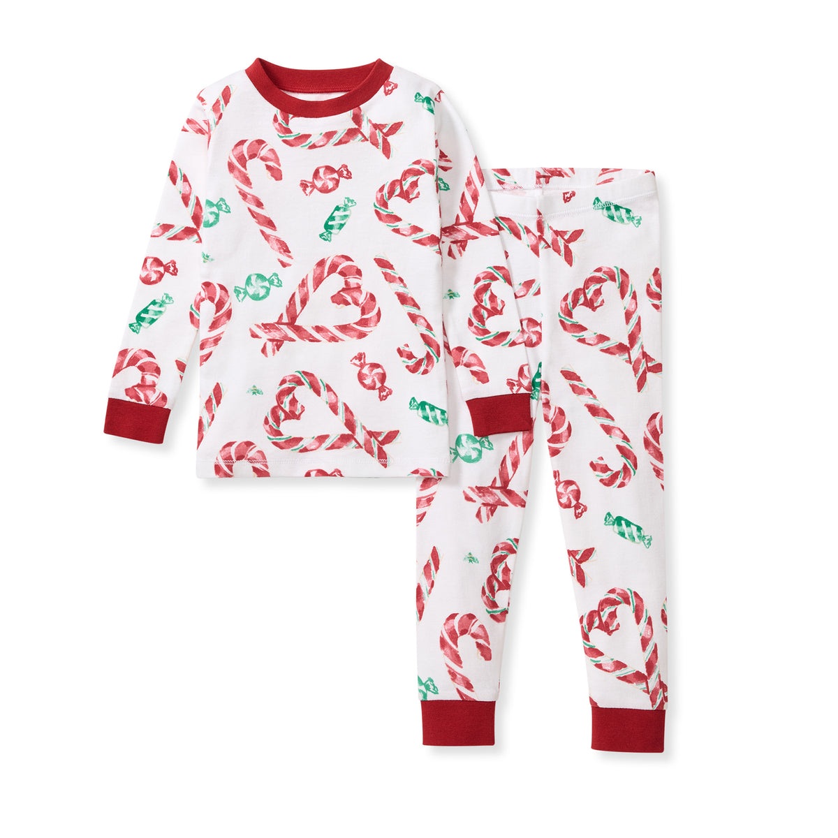 Kids' two-piece pajama set, white with candy-cane heart pattern, red and green trim