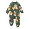 Dark green footed sleep romper with zipper, holiday animal pattern, and covered feet