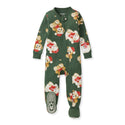 Dark green footed organic cotton sleeper with zipper and allover teddy and snowman print