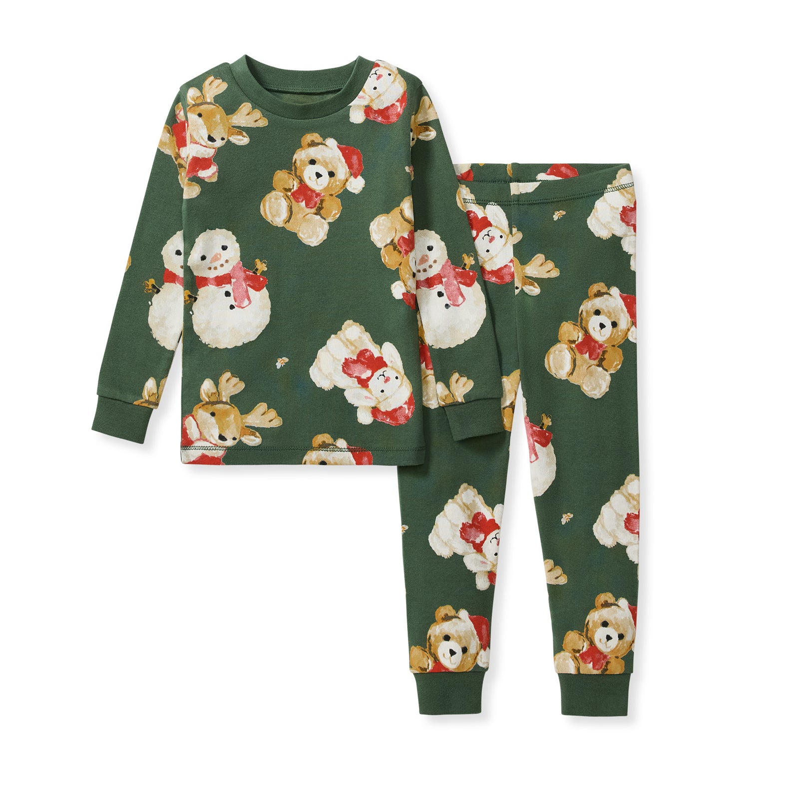 Green Christmas pajama set, long-sleeve top and pants with teddy and snowman print - View 1
