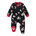 Black footed organic cotton sleep & play pajama, red cuffs and allover space print